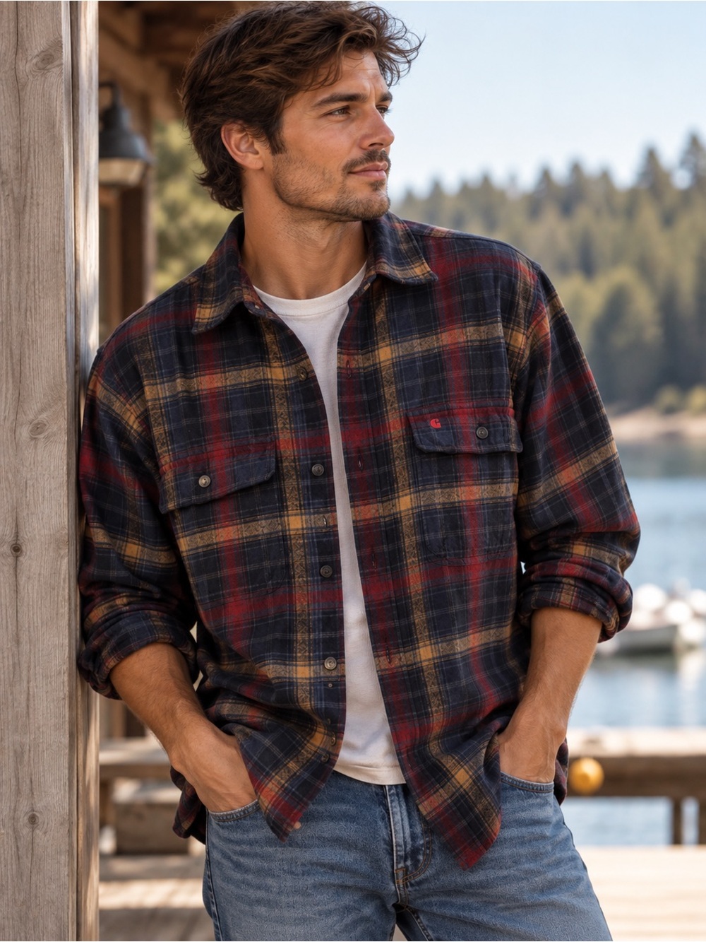 Carhartt Plaid Flannel Shirt Women’s Oversized Medium Red Navy Workwear Grunge